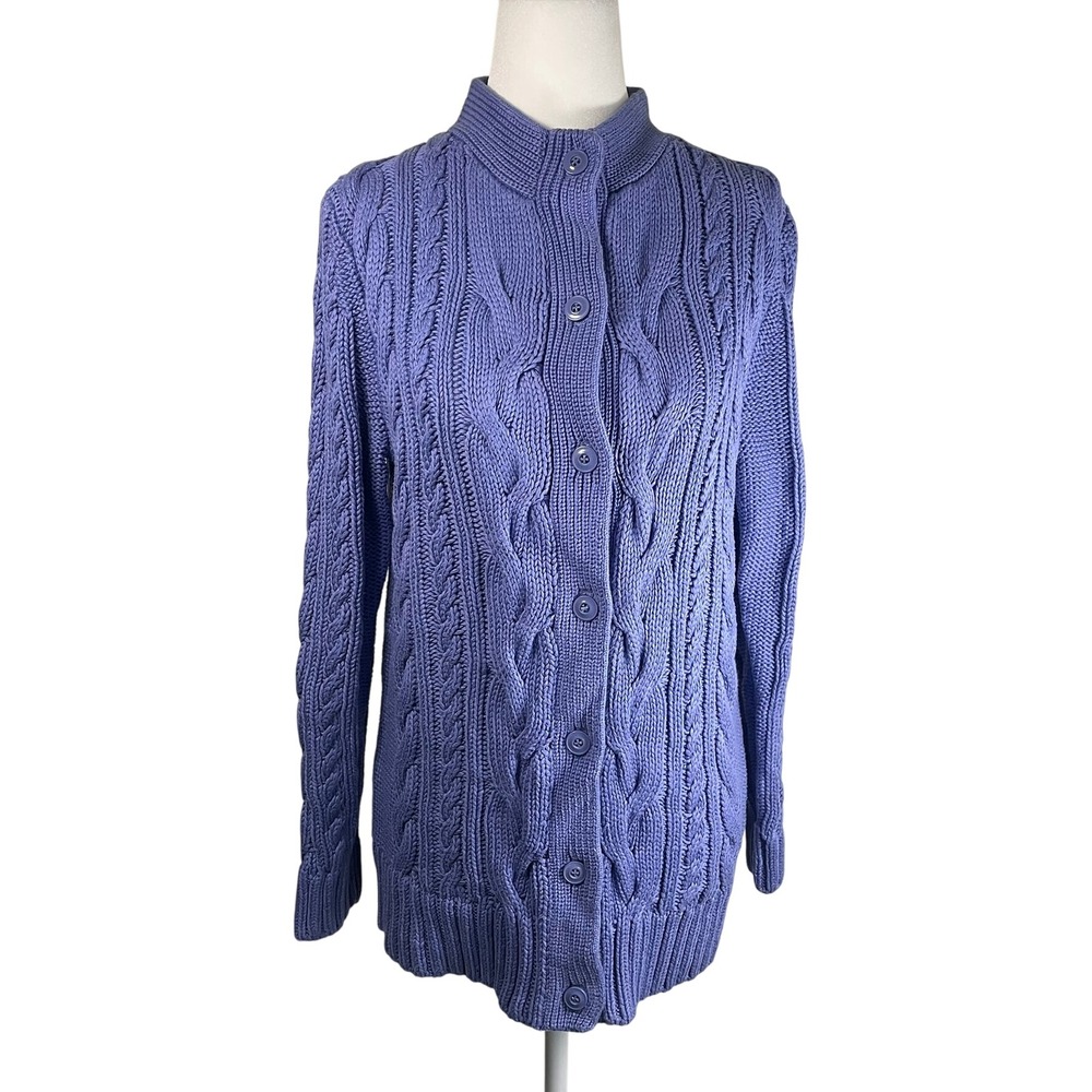 L.L.Bean Women's M Petite Lavender 100% Cotton‎ Cable Knit Button Front Cardigan
